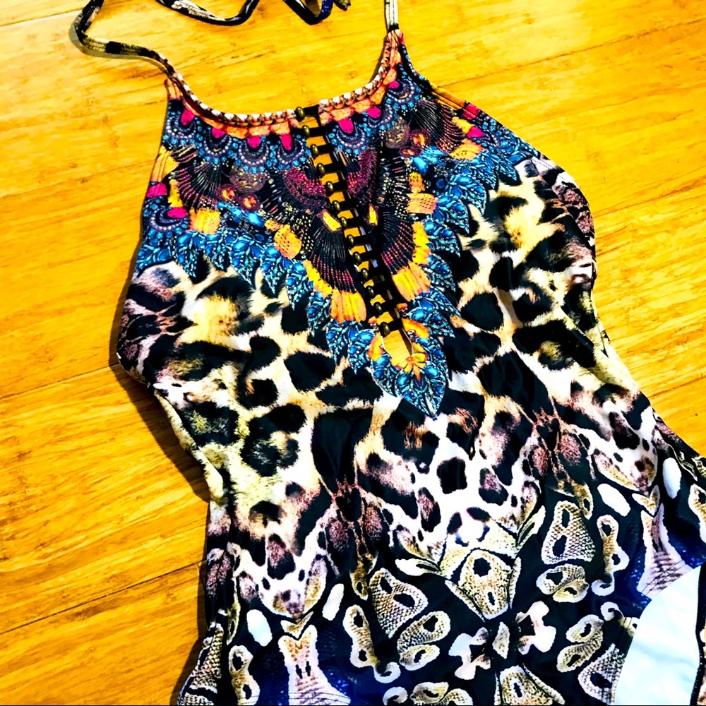 Leopard Print Rhinestoned One Piece Bathing Suit